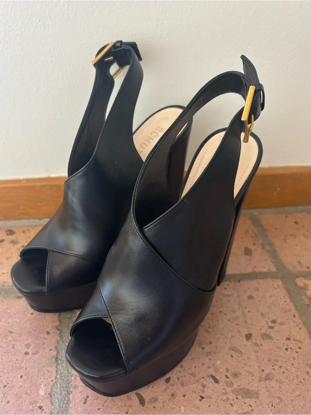 Schutz Priscila Slingback Sandals Black Napa Leather Platform Heels